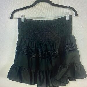H&M Black Smocked Lace-Trim Tiered Mini Skirt